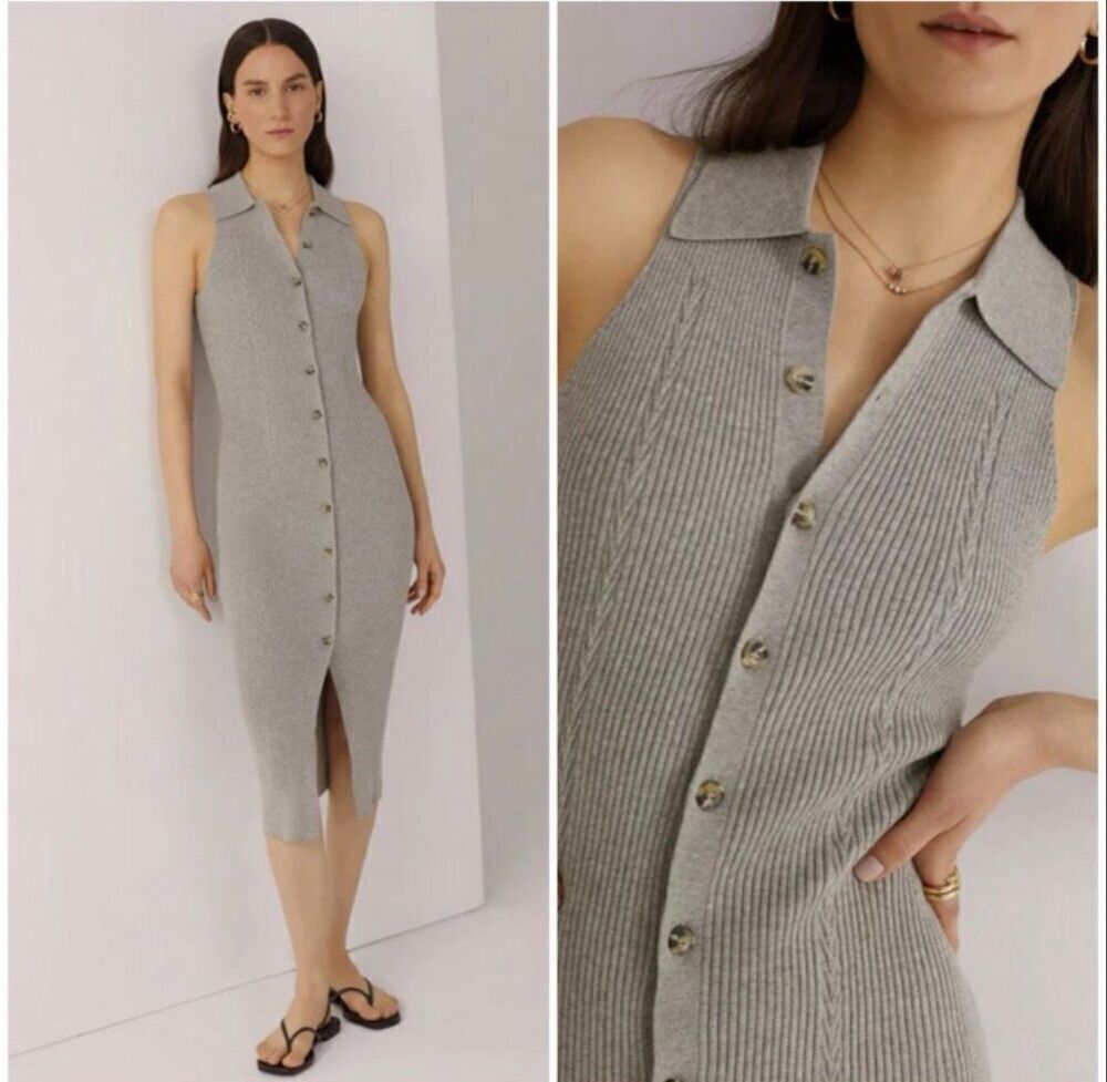 Favorite Daughter Lena Frost Gray Cashmere Blend Rib Knit Midi Dress Size L